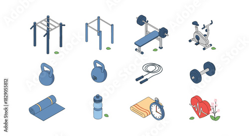 Isometric fitness equipment icons for gym workouts and healthy lifestyle designs