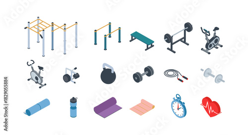 Isometric gym equipment set: fitness icons for workout and training design