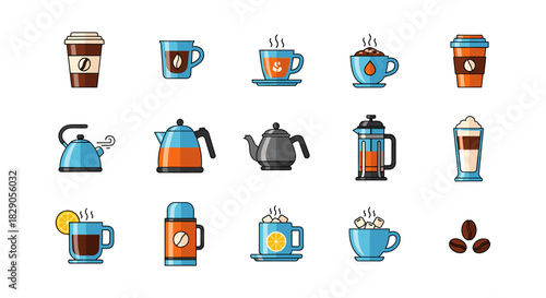 Colorful coffee and tea icons with cups, kettles, and beans on white background