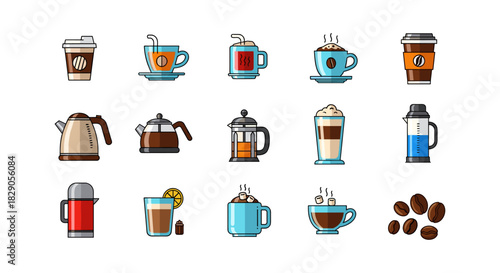 Retro coffee icons collection featuring cups, beans, and brewing equipment