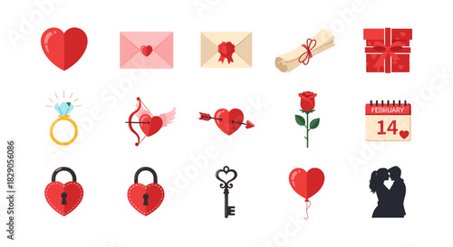 Romantic elements set featuring hearts, love symbols, and valentine's day icons