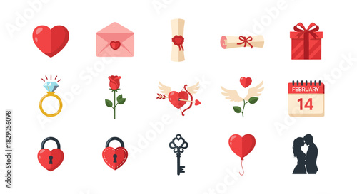 Romantic icons set: hearts, flowers, gifts, and love symbols in flat style