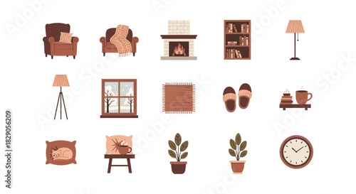 Cozy home elements collection featuring fireplace, furniture, and decorative items