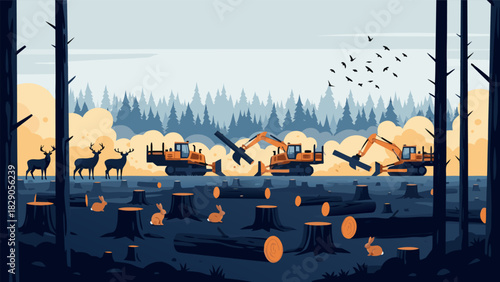 Deforestation Destruction Heavy Machinery Felling Trees and Wildlife Impact