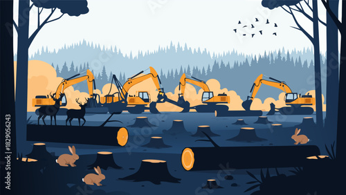 Deforestation and environmental destruction, heavy machinery destroying forest landscape, wildlife habitat loss and ecological damage concept