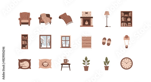 Cozy home elements in flat style featuring furniture, decor, and warm textiles