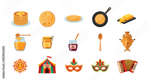 Pancake festival elements: food, music, and festive icons for cultural celebration