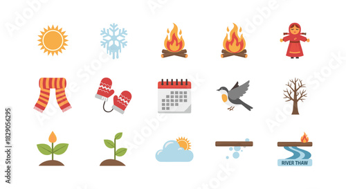 Seasonal icons collection featuring weather, nature, and festive symbols in a flat style