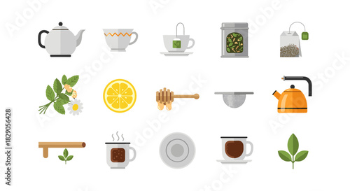 Tea essentials: modern flat design collection of teapots, cups, and herbal ingredients