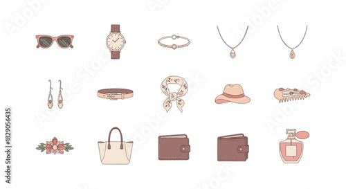 Chic accessories collection: watches, jewelry, bags, and more in stylish flat design