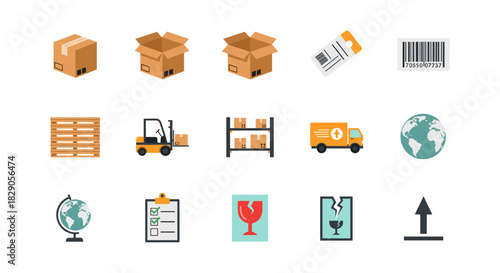 Flat design logistics icons: packaging, shipping, and global distribution symbols