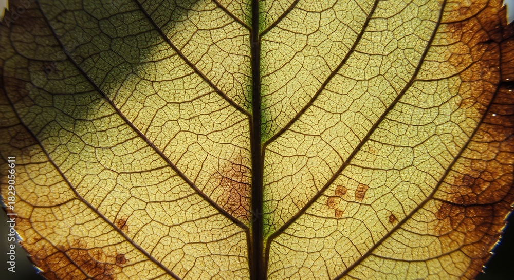 Obraz premium Detailed Close-Up of a Translucent Autumn Leaf with Intricate Vein Patterns.
