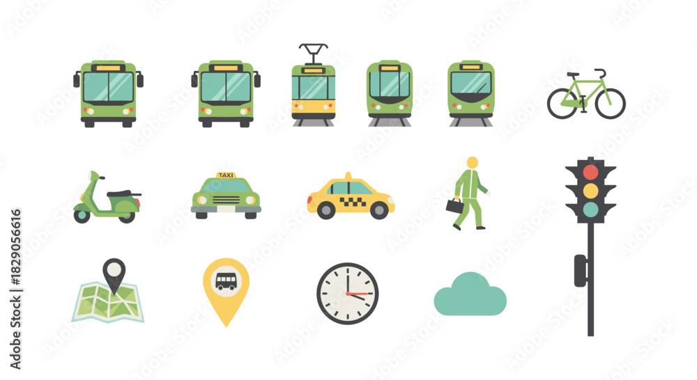 Obraz premium Flat design urban transport icons featuring bus, tram, bicycle, and traffic signals