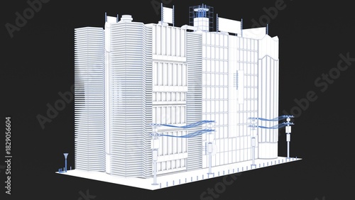 3D rendering of a stylized uniquely designed building with white color and blue lines represented in a blueprint format