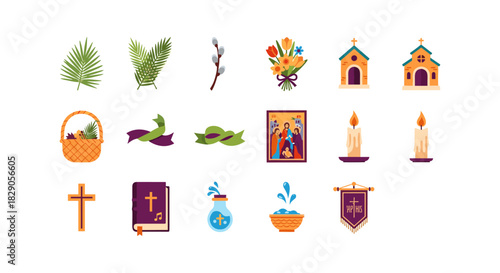 Easter symbols: icon collection featuring candles, crosses, churches, palm leaves, and more