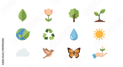 Eco-friendly flat icons: nature, sustainability, and conservation symbols