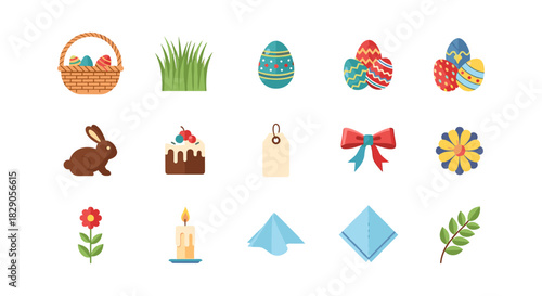 Colorful easter icons set with eggs, bunny, basket, and spring decorations