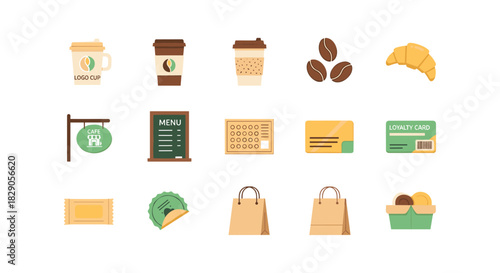 Modern cafe icon set featuring coffee cups, baked goods, and loyalty cards