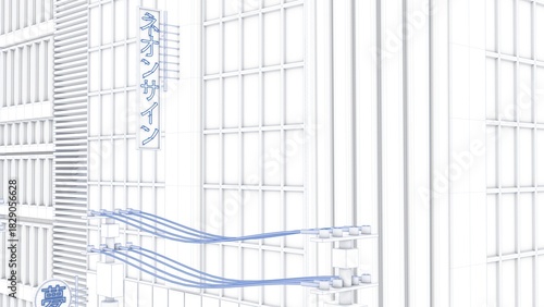 3D rendering of a stylized uniquely designed building with white color and blue lines represented in a blueprint format