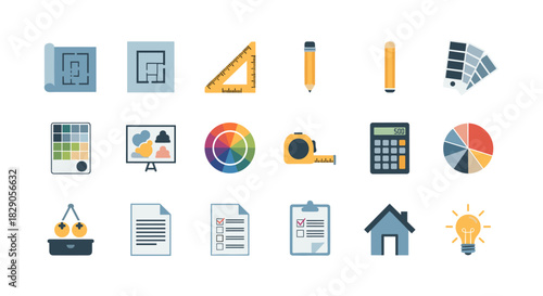 Architecture and design tool icons in flat style for planning and creativity