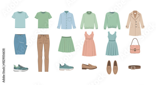 Minimalist casual outfit collection with shoes and accessories