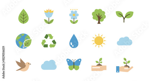 Eco-friendly icons set featuring nature, recycling, and sustainability symbols