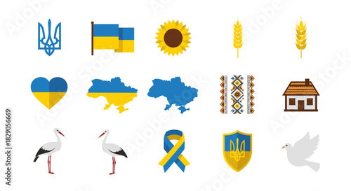 Ukrainian symbols and icons collection in flat design style