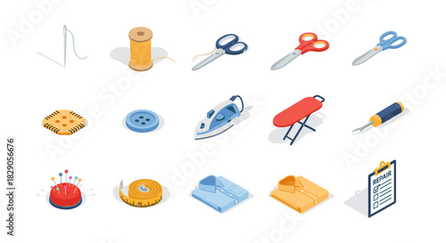 Sewing tools collection: isometric icons of needlework essentials