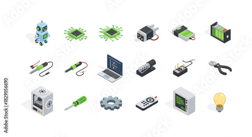 Robotics and electronics components in isometric style for technology projects