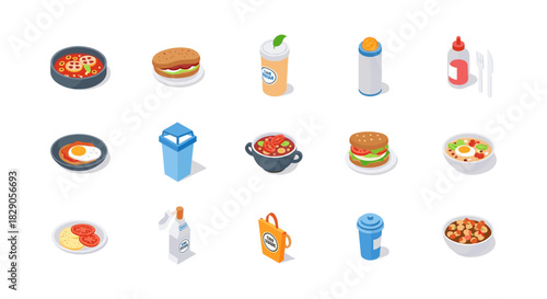 Isometric icons of fast food and beverages on white background