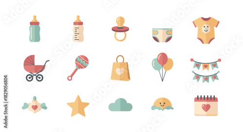 Adorable baby essentials icons set in pastel flat design for newborn celebrations