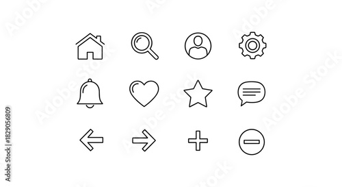 Minimalist icon set: home, search, user, settings, notifications, favorites, navigation