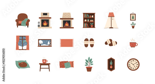 Cozy winter home elements with decorative furniture and warm colors