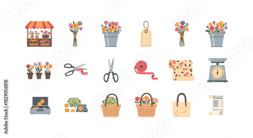 Colorful floral market elements and gardening tools in flat design