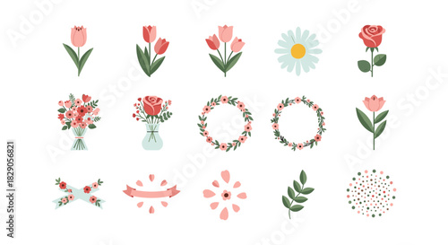 Charming floral elements collection: tulips, roses, and wreaths in flat style