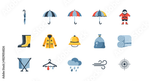 Essential weather icons collection for rainy and windy days