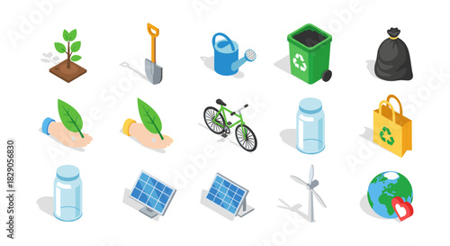 Eco-friendly isometric icons featuring recycling, gardening, and renewable energy