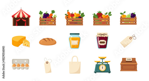 Farmers market essentials: fresh produce, dairy, and more in colorful flat design