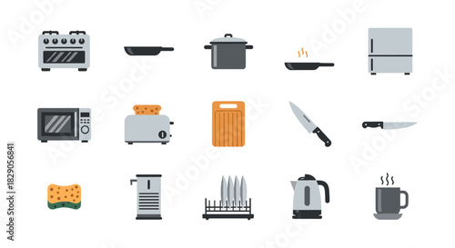 Modern kitchen essentials collection featuring appliances and utensils in flat design