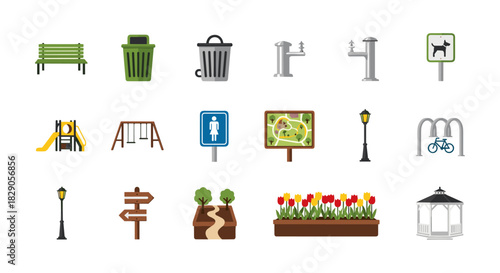 Collection of park icons including benches, trash cans, playgrounds, and street signs in flat style