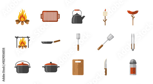Flat style outdoor cooking icons collection: campfire, utensils, and cookware