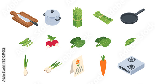 Kitchen essentials and fresh vegetables in isometric design for cooking enthusiasts