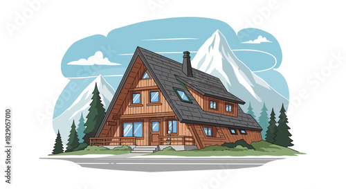 Cozy a-frame cabin in mountainous landscape with modern design and wood elements