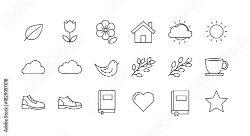 Minimalist linear icons of nature, home, weather, and everyday objects