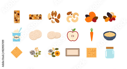 Healthy snack icons: nuts, fruits, granola bars, and more for your balanced diet
