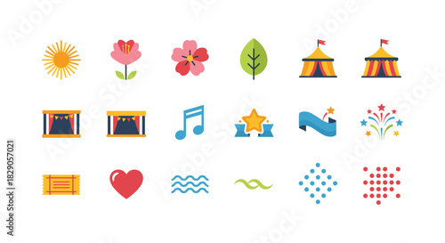 Colorful flat icons of nature, music, and entertainment elements