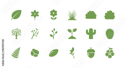 Variety of green plant icons in minimalistic design on white background