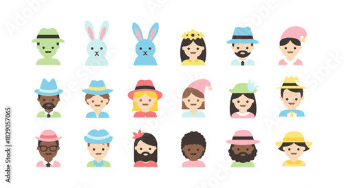 Colorful collection of flat style cartoon faces with hats and cute animal characters