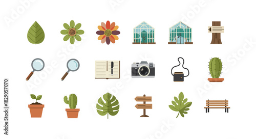 Nature and garden icons: flat design of plants, tools, and greenhouses