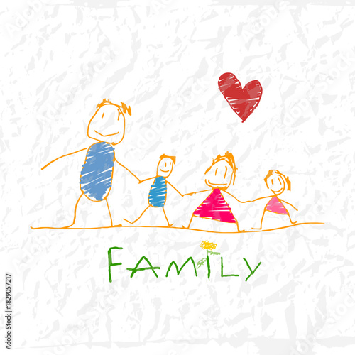 Hand drawn childlike sketch of a family with bright scribbled colors and a heart above them. The illustration features a crumpled paper texture, giving a soft printed, textured effect.